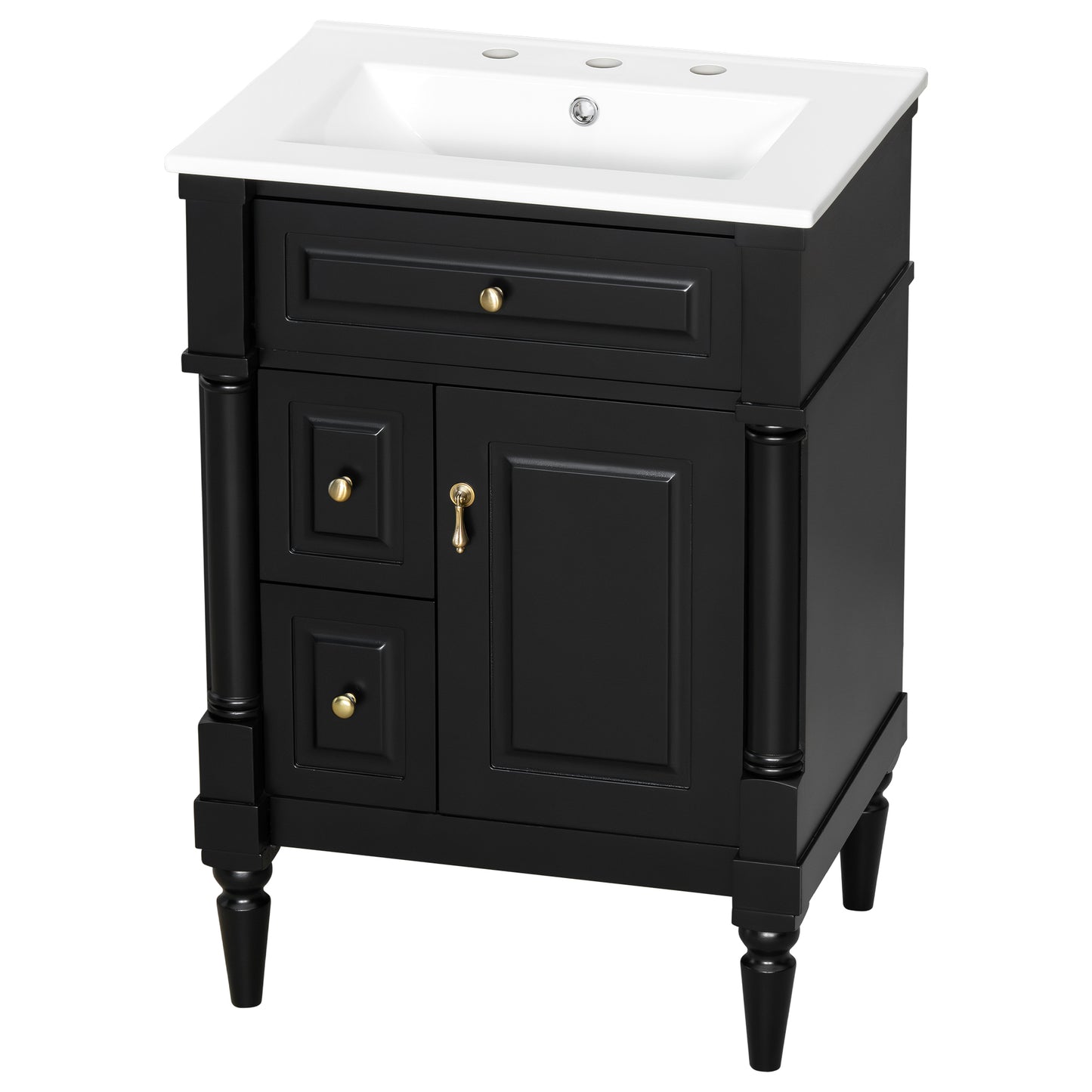 VanityFus 24-in Bathroom Vanity Black Single Sink Combo with Ceramic Top 1 Door 3 Drawers Adjustable Shelves