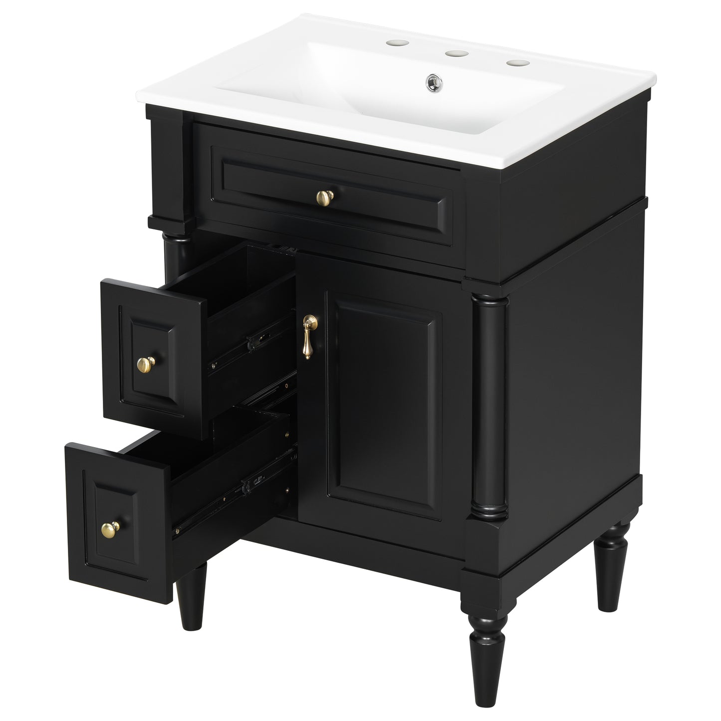VanityFus 24-in Bathroom Vanity Black Single Sink Combo with Ceramic Top 1 Door 3 Drawers Adjustable Shelves