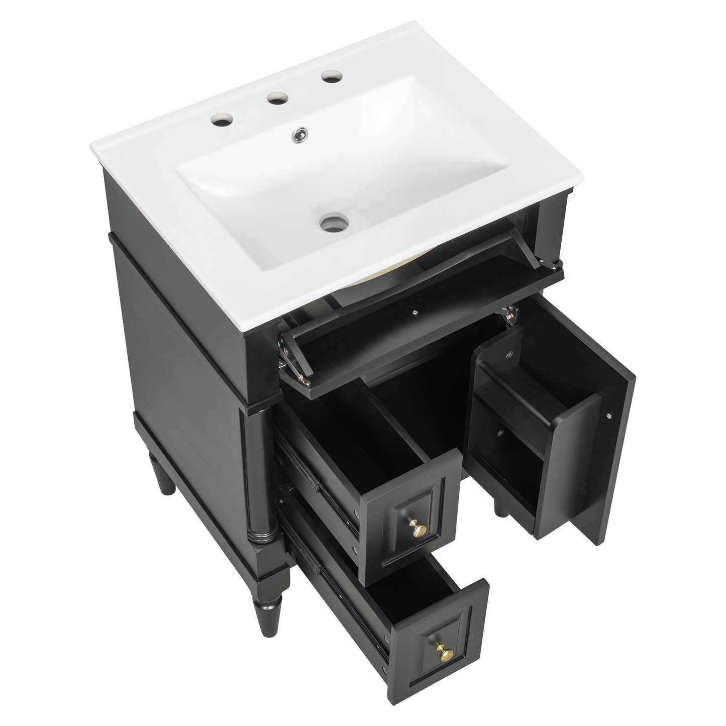 VanityFus 24-in Bathroom Vanity Black Single Sink Combo with Ceramic Top 1 Door 3 Drawers Adjustable Shelves