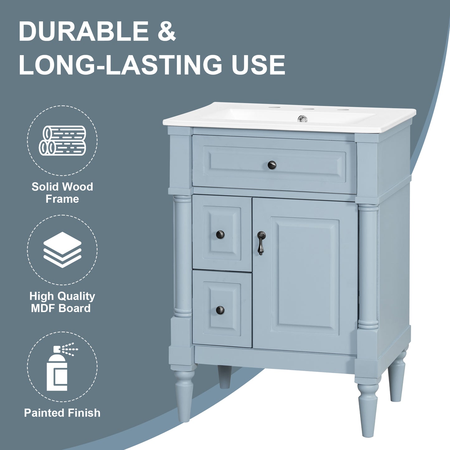 VanityFus 24-in Bathroom Vanity Blue Grey Single Sink Combo with Ceramic Top 1 Door 3 Drawers Adjustable Shelves