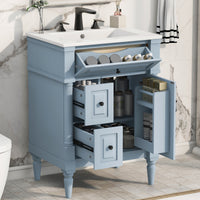 VanityFus 24-in Bathroom Vanity Blue Grey Single Sink Combo with Ceramic Top 1 Door 3 Drawers Adjustable Shelves