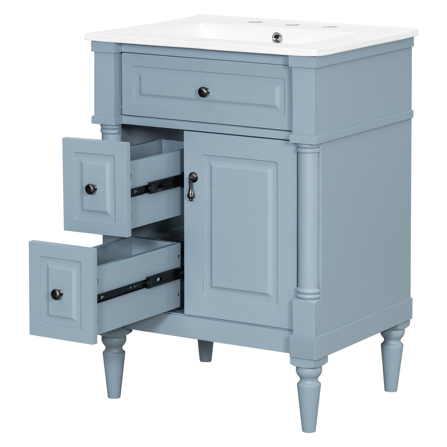 VanityFus 24-in Bathroom Vanity Blue Grey Single Sink Combo with Ceramic Top 1 Door 3 Drawers Adjustable Shelves