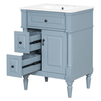 VanityFus 24-in Bathroom Vanity Blue Grey Single Sink Combo with Ceramic Top 1 Door 3 Drawers Adjustable Shelves