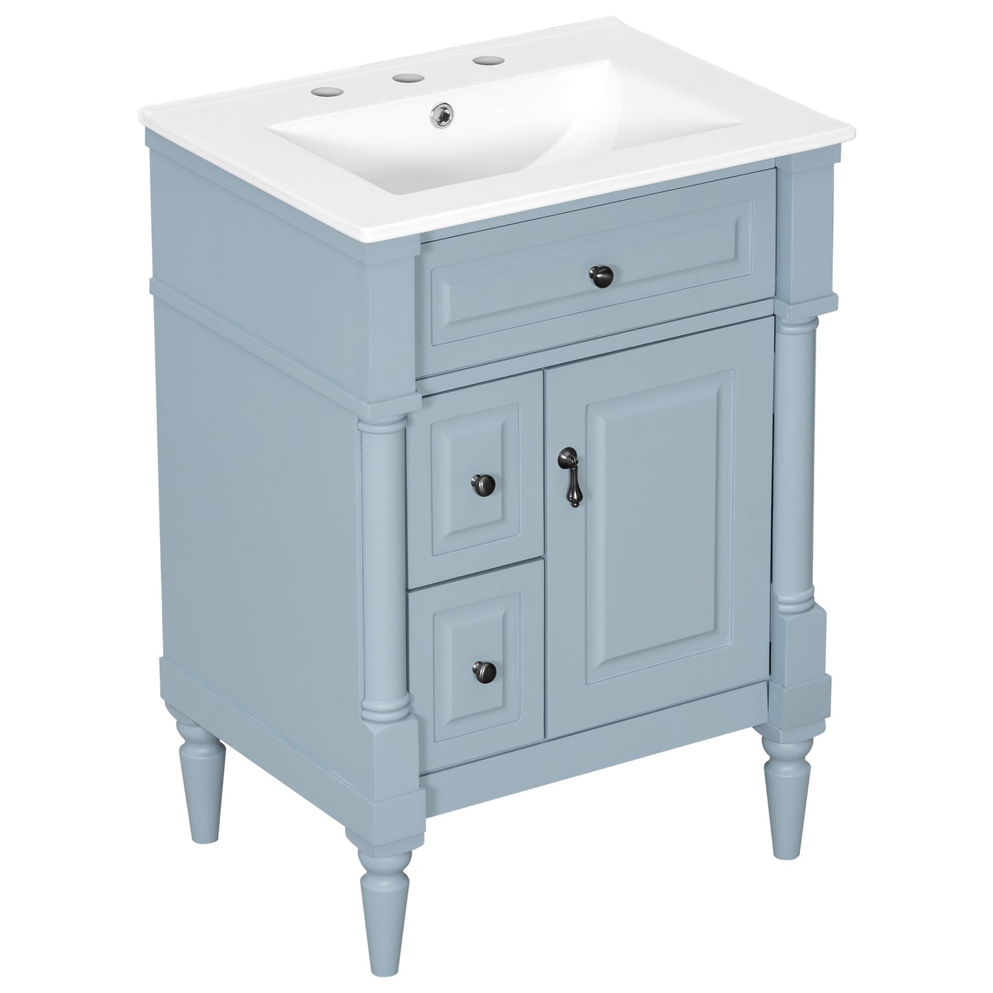 VanityFus 24-in Bathroom Vanity Blue Grey Single Sink Combo with Ceramic Top 1 Door 3 Drawers Adjustable Shelves