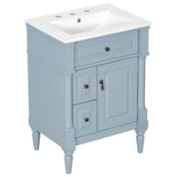 VanityFus 24-in Bathroom Vanity Blue Grey Single Sink Combo with Ceramic Top 1 Door 3 Drawers Adjustable Shelves