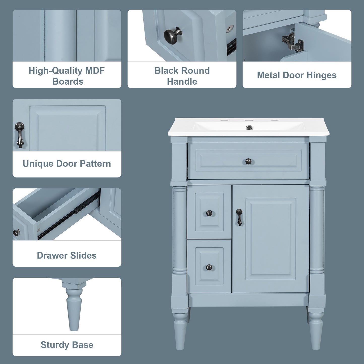 VanityFus 24-in Bathroom Vanity Blue Grey Single Sink Combo with Ceramic Top 1 Door 3 Drawers Adjustable Shelves