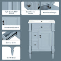 VanityFus 24-in Bathroom Vanity Blue Grey Single Sink Combo with Ceramic Top 1 Door 3 Drawers Adjustable Shelves