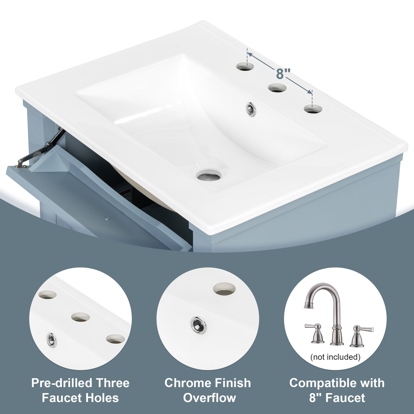 VanityFus 24-in Bathroom Vanity Blue Grey Single Sink Combo with Ceramic Top 1 Door 3 Drawers Adjustable Shelves