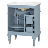 VanityFus 24-in Bathroom Vanity Blue Grey Single Sink Combo with Ceramic Top 1 Door 3 Drawers Adjustable Shelves