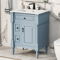 VanityFus 24-in Bathroom Vanity Blue Grey Single Sink Combo with Ceramic Top 1 Door 3 Drawers Adjustable Shelves