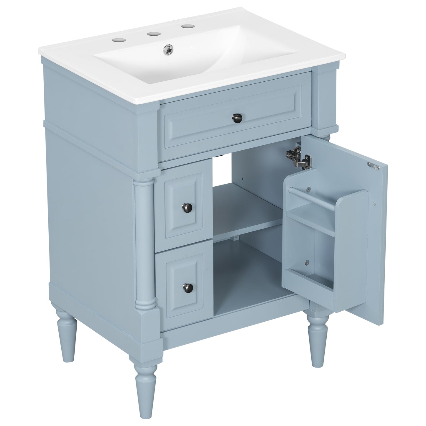 VanityFus 24-in Bathroom Vanity Blue Grey Single Sink Combo with Ceramic Top 1 Door 3 Drawers Adjustable Shelves