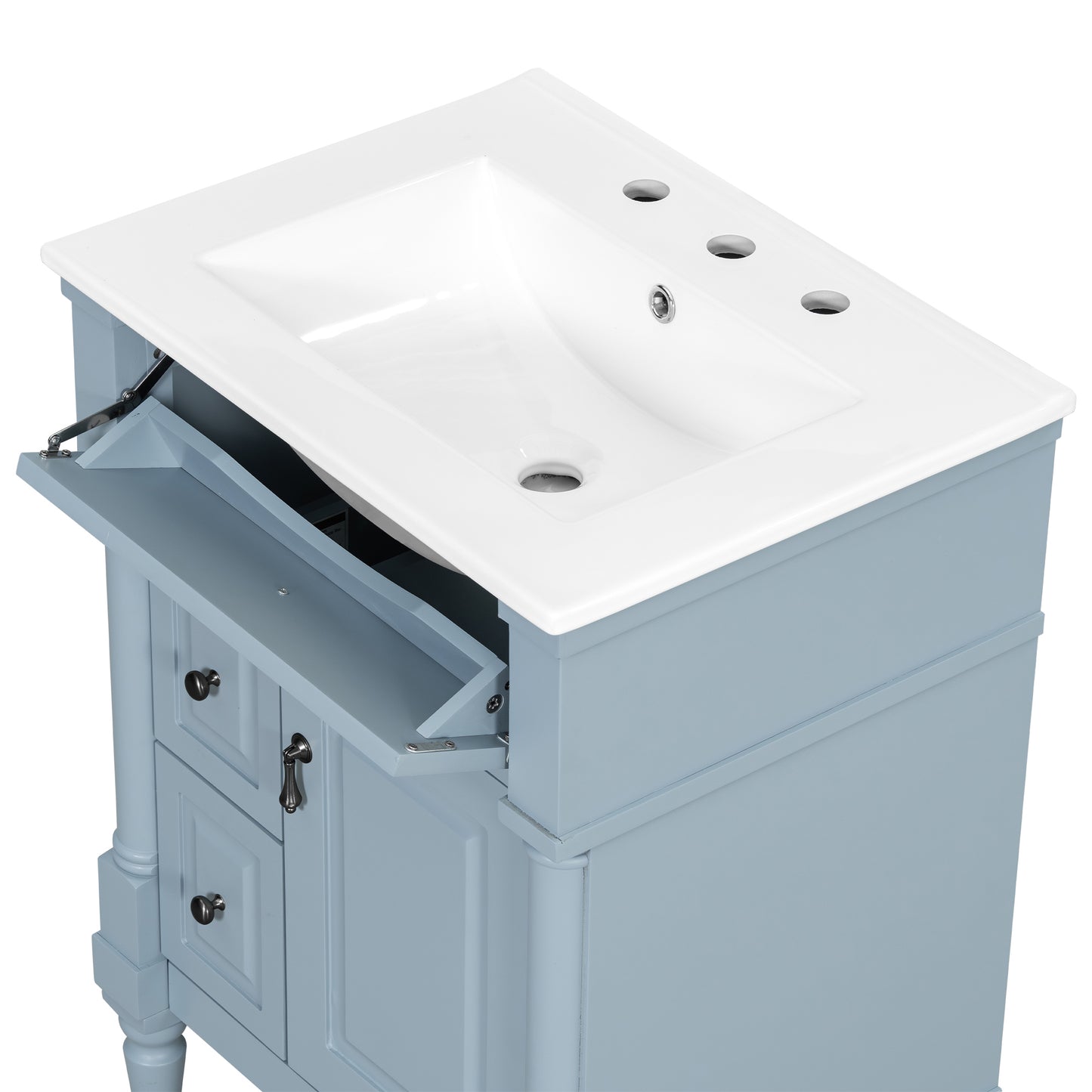 VanityFus 24-in Bathroom Vanity Blue Grey Single Sink Combo with Ceramic Top 1 Door 3 Drawers Adjustable Shelves