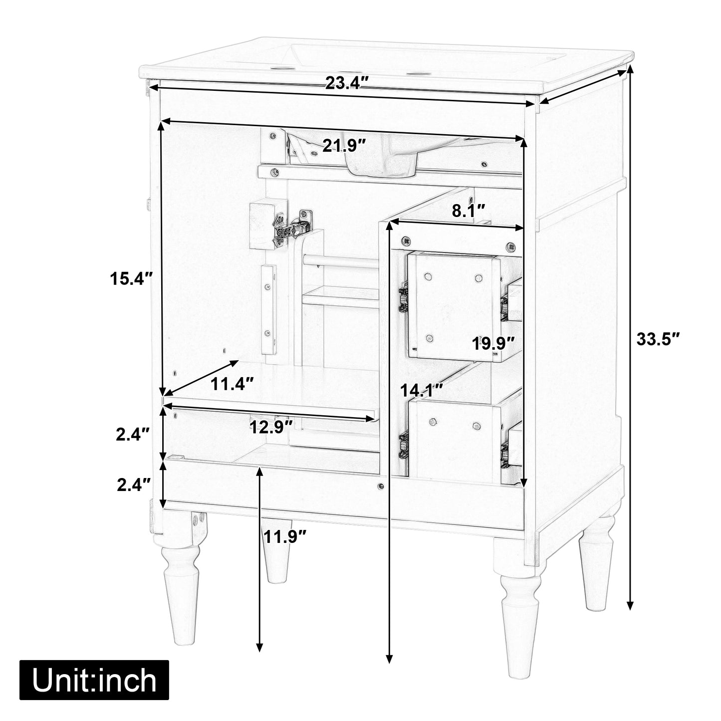 VanityFus 24-in Bathroom Vanity Blue Grey Single Sink Combo with Ceramic Top 1 Door 3 Drawers Adjustable Shelves