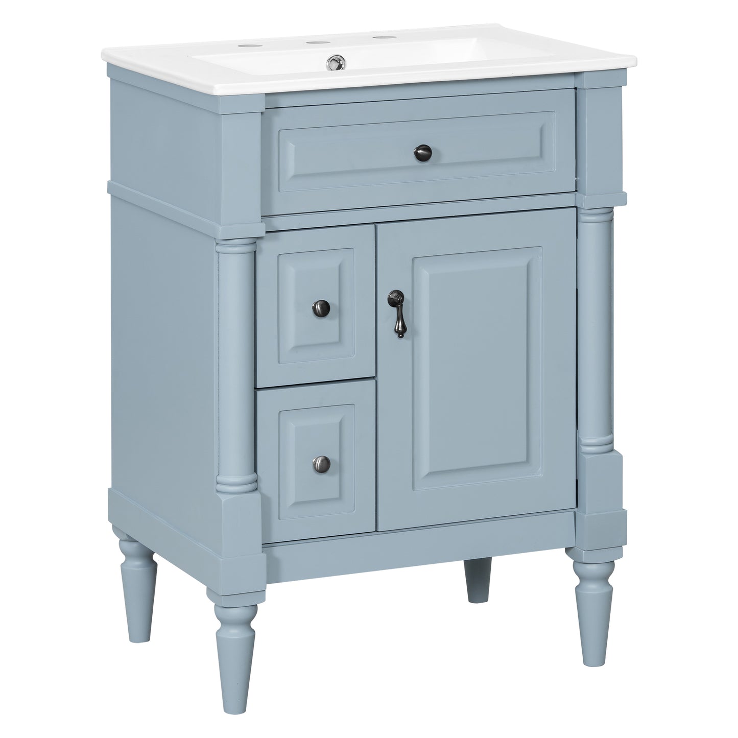 VanityFus 24-in Bathroom Vanity Blue Grey Single Sink Combo with Ceramic Top 1 Door 3 Drawers Adjustable Shelves