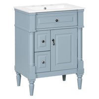 VanityFus 24-in Bathroom Vanity Blue Grey Single Sink Combo with Ceramic Top 1 Door 3 Drawers Adjustable Shelves