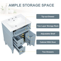 VanityFus 24-in Bathroom Vanity Blue Grey Single Sink Combo with Ceramic Top 1 Door 3 Drawers Adjustable Shelves