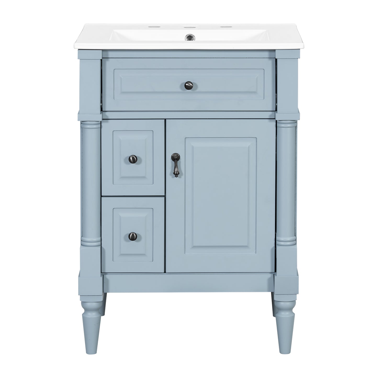 VanityFus 24-in Bathroom Vanity Blue Grey Single Sink Combo with Ceramic Top 1 Door 3 Drawers Adjustable Shelves