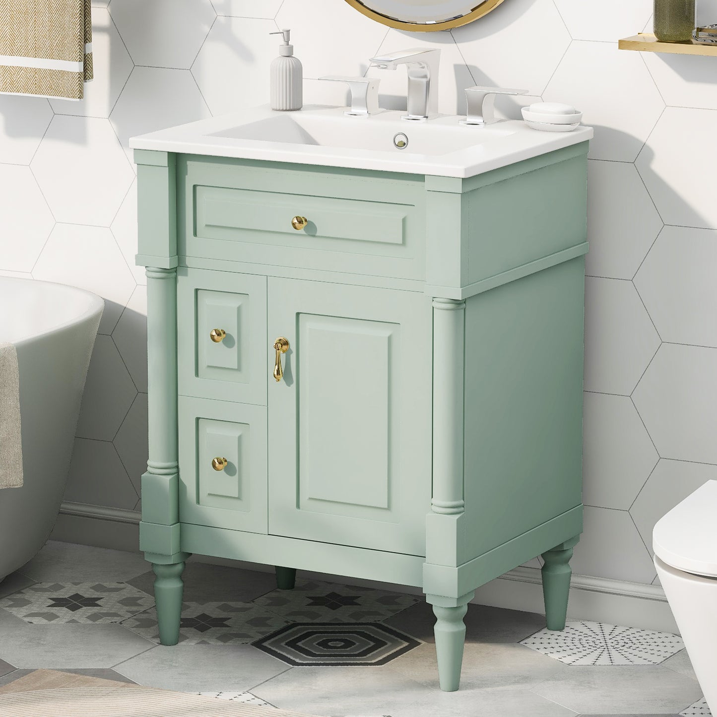 VanityFus 24-in Bathroom Vanity Green Single Sink Combo with Ceramic Top 1 Door 3 Drawers Adjustable Shelves