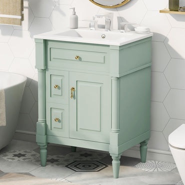 VanityFus 24-in Bathroom Vanity Green Single Sink Combo with Ceramic Top 1 Door 3 Drawers Adjustable Shelves
