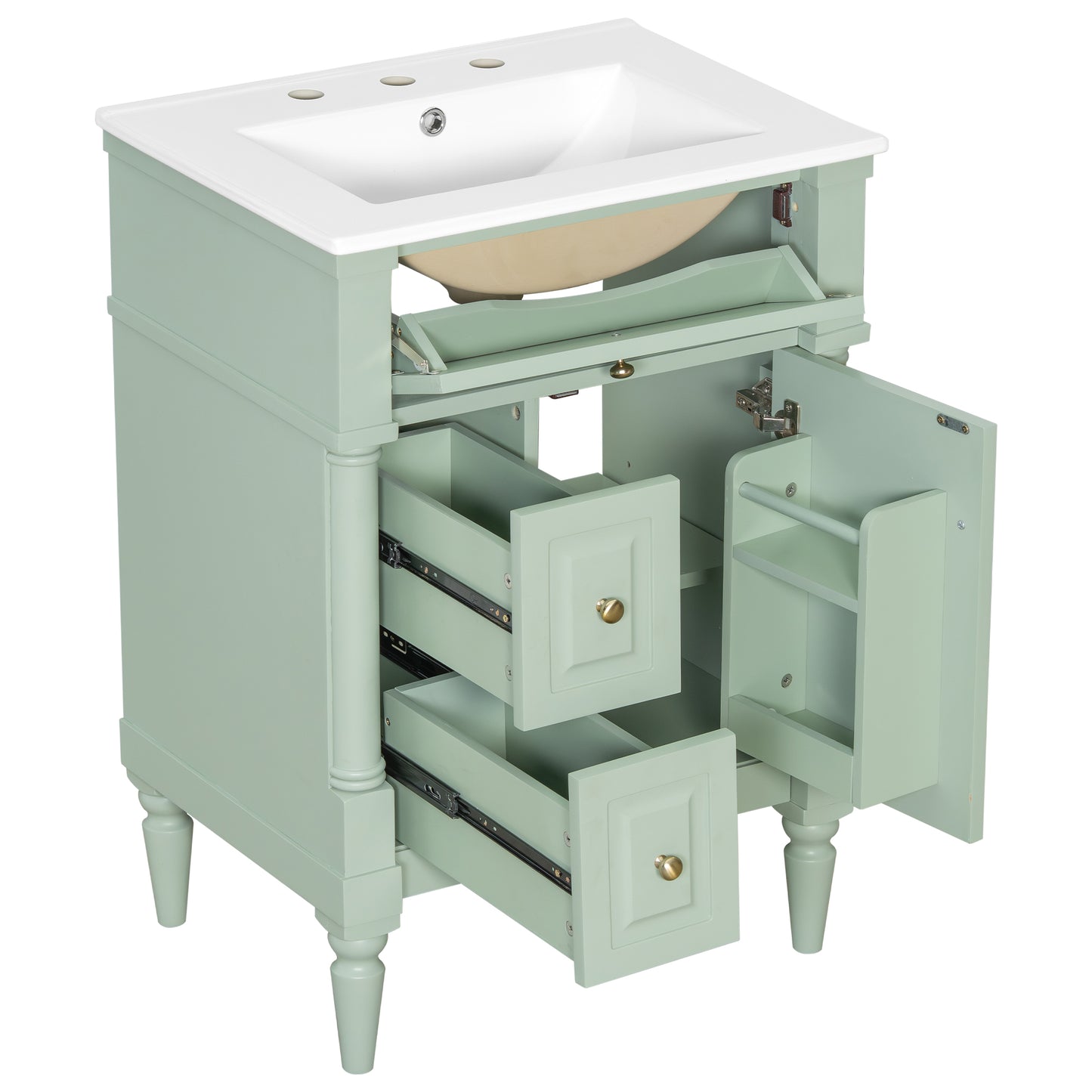 VanityFus 24-in Bathroom Vanity Green Single Sink Combo with Ceramic Top 1 Door 3 Drawers Adjustable Shelves