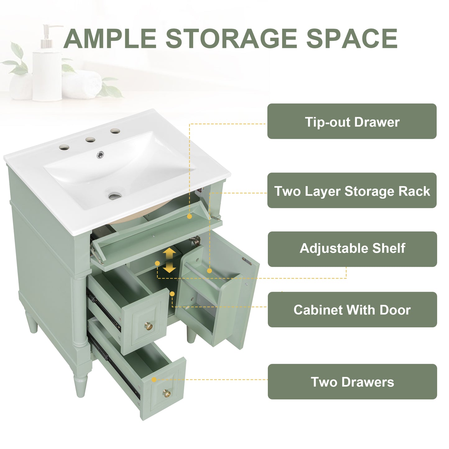 VanityFus 24-in Bathroom Vanity Green Single Sink Combo with Ceramic Top 1 Door 3 Drawers Adjustable Shelves