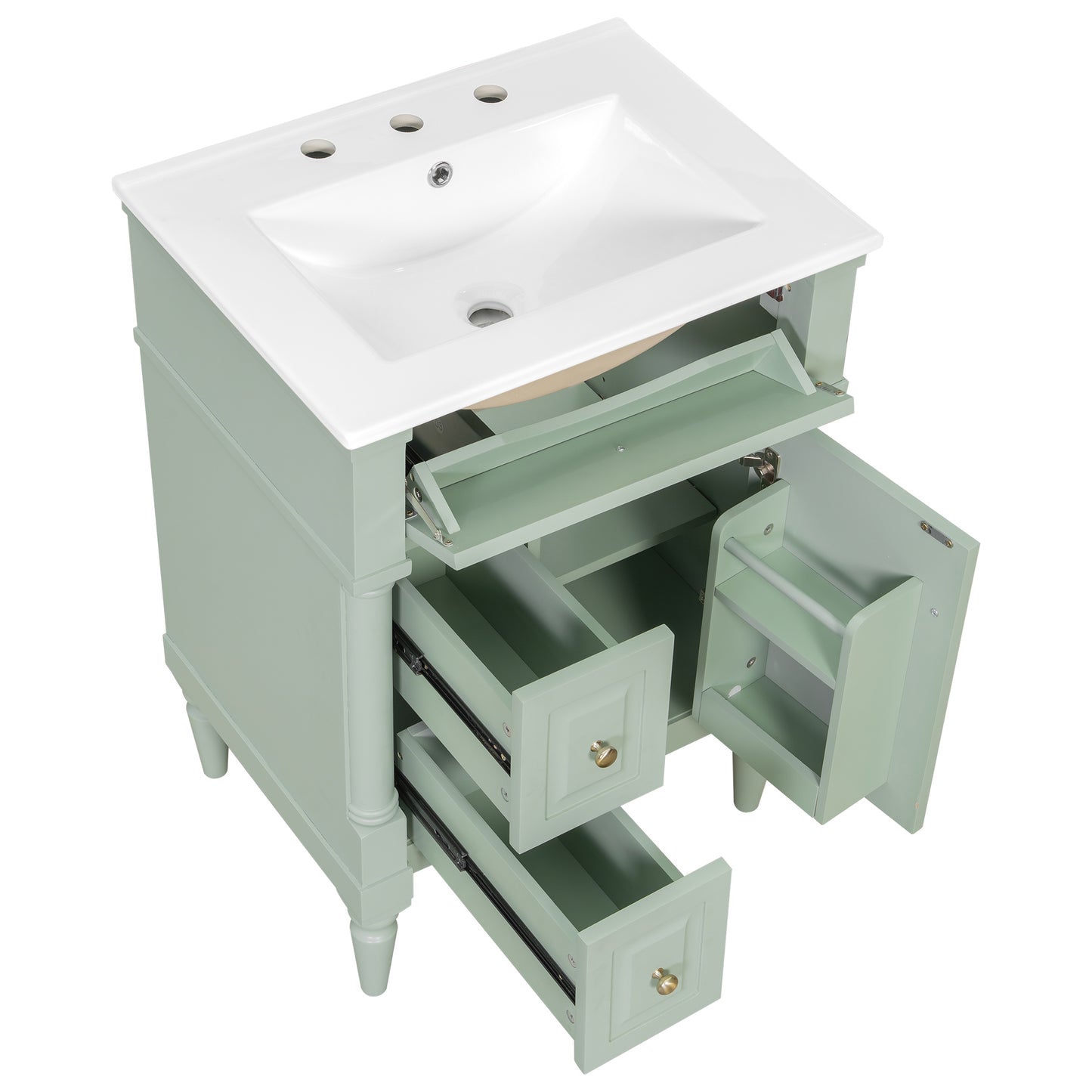 VanityFus 24-in Bathroom Vanity Green Single Sink Combo with Ceramic Top 1 Door 3 Drawers Adjustable Shelves