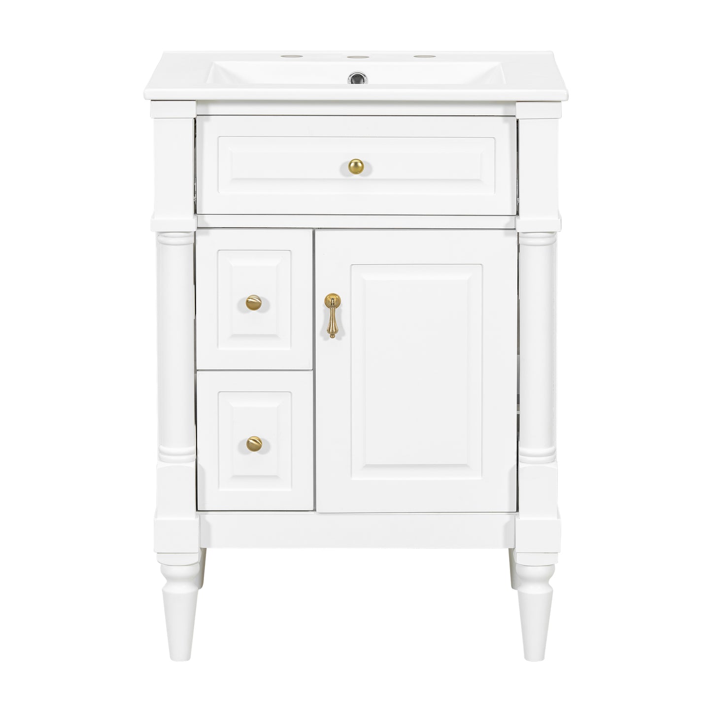 VanityFus 24-in Bathroom Vanity White Single Sink Combo with Ceramic Top 1 Door 3 Drawers Adjustable Shelves