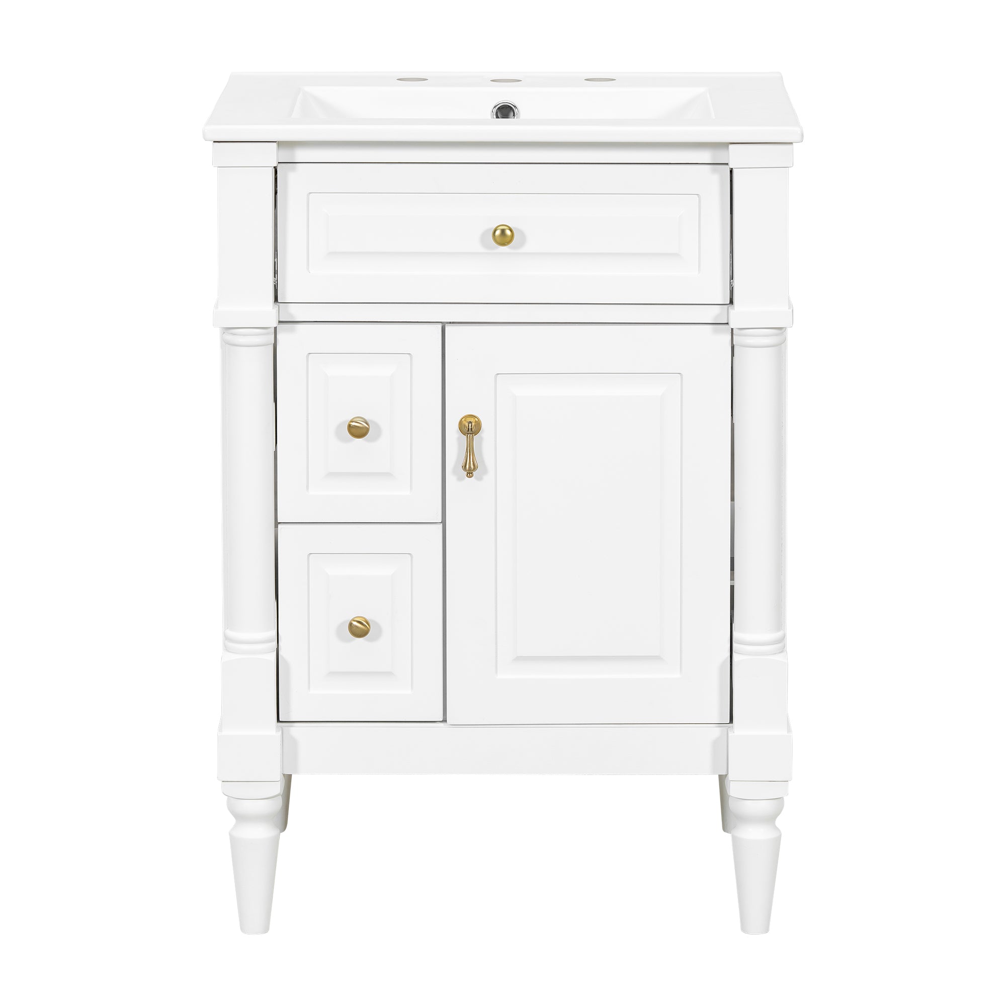 VanityFus 24-in Bathroom Vanity White Single Sink Combo with Ceramic Top 1 Door 3 Drawers Adjustable Shelves