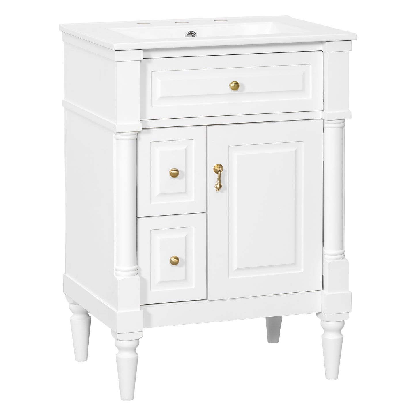 VanityFus 24-in Bathroom Vanity White Single Sink Combo with Ceramic Top 1 Door 3 Drawers Adjustable Shelves