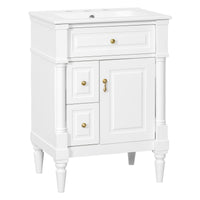 VanityFus 24-in Bathroom Vanity White Single Sink Combo with Ceramic Top 1 Door 3 Drawers Adjustable Shelves