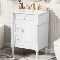 VanityFus 24-in Bathroom Vanity White Single Sink Combo with Ceramic Top 1 Door 3 Drawers Adjustable Shelves