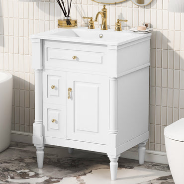 VanityFus 24-in Bathroom Vanity White Single Sink Combo with Ceramic Top 1 Door 3 Drawers Adjustable Shelves