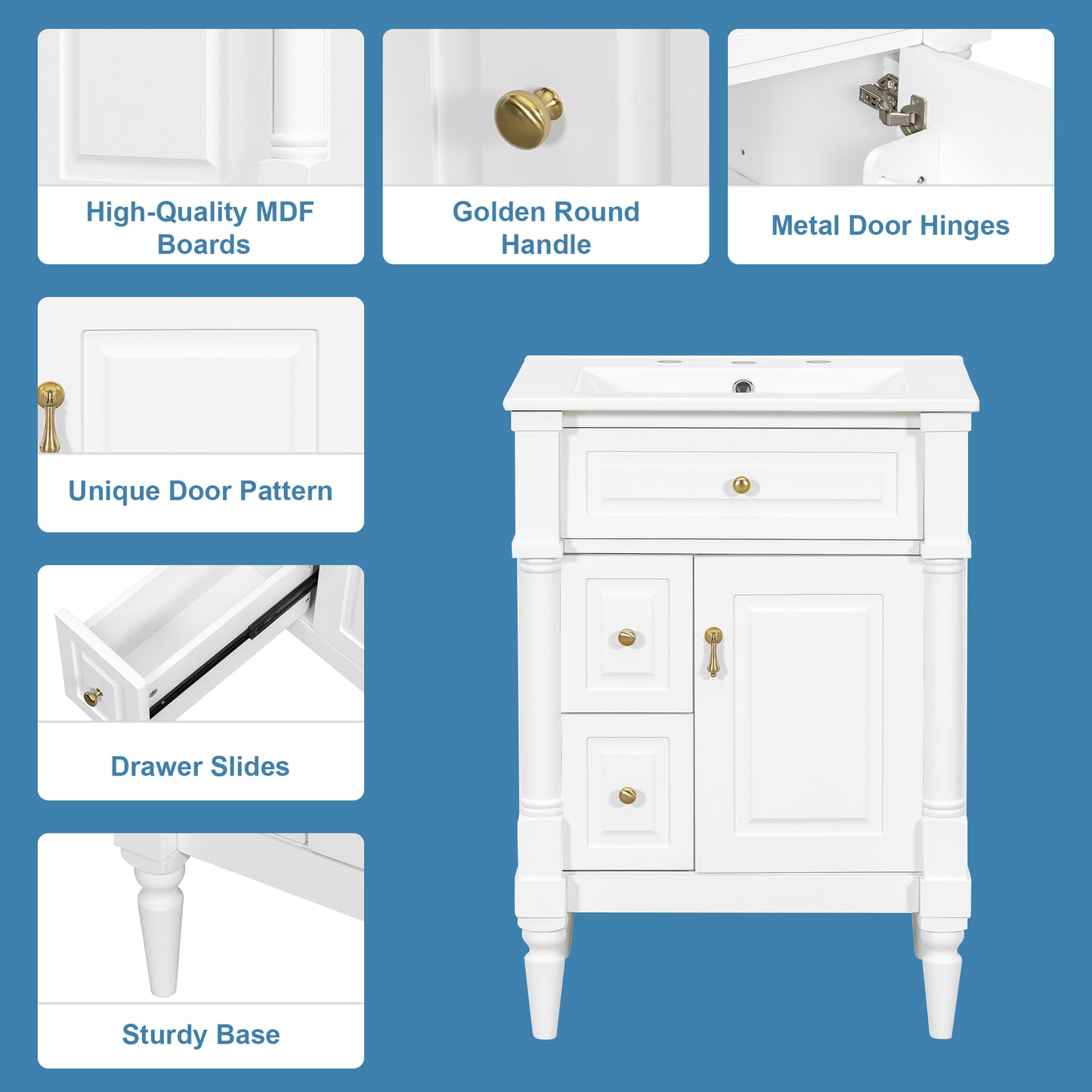 VanityFus 24-in Bathroom Vanity White Single Sink Combo with Ceramic Top 1 Door 3 Drawers Adjustable Shelves