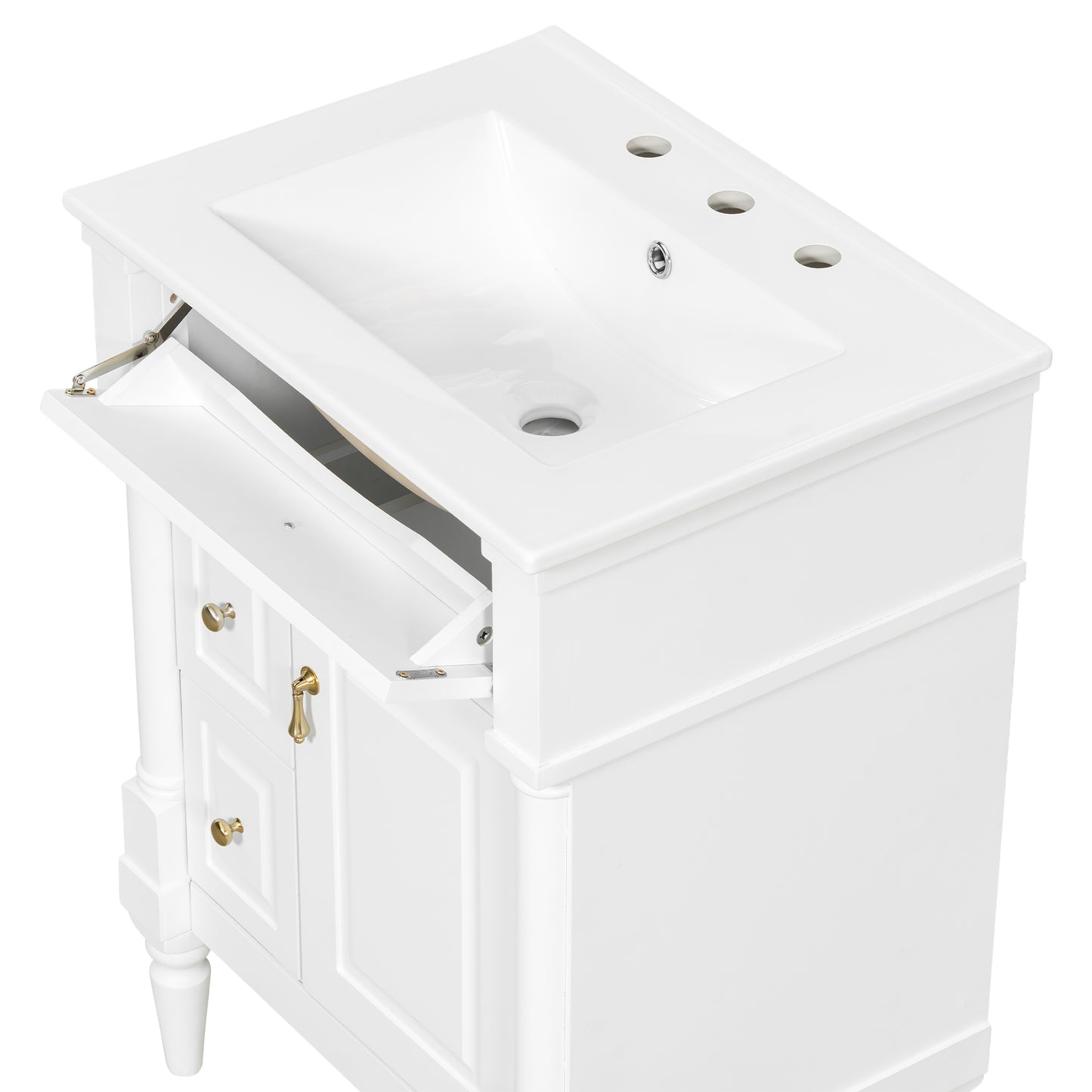 VanityFus 24-in Bathroom Vanity White Single Sink Combo with Ceramic Top 1 Door 3 Drawers Adjustable Shelves