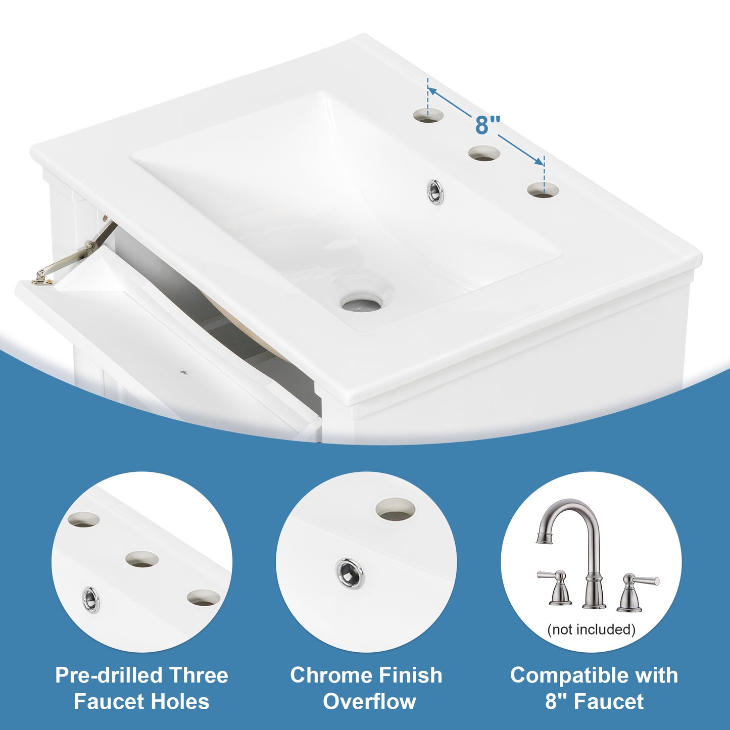 VanityFus 24-in Bathroom Vanity White Single Sink Combo with Ceramic Top 1 Door 3 Drawers Adjustable Shelves