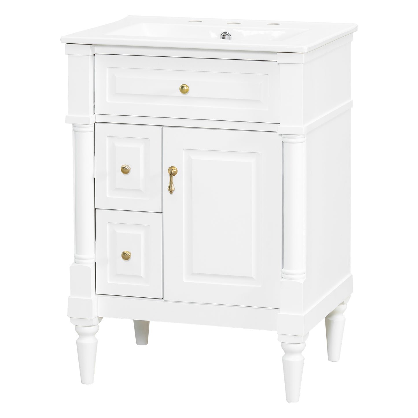 VanityFus 24-in Bathroom Vanity White Single Sink Combo with Ceramic Top 1 Door 3 Drawers Adjustable Shelves