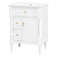 VanityFus 24-in Bathroom Vanity White Single Sink Combo with Ceramic Top 1 Door 3 Drawers Adjustable Shelves