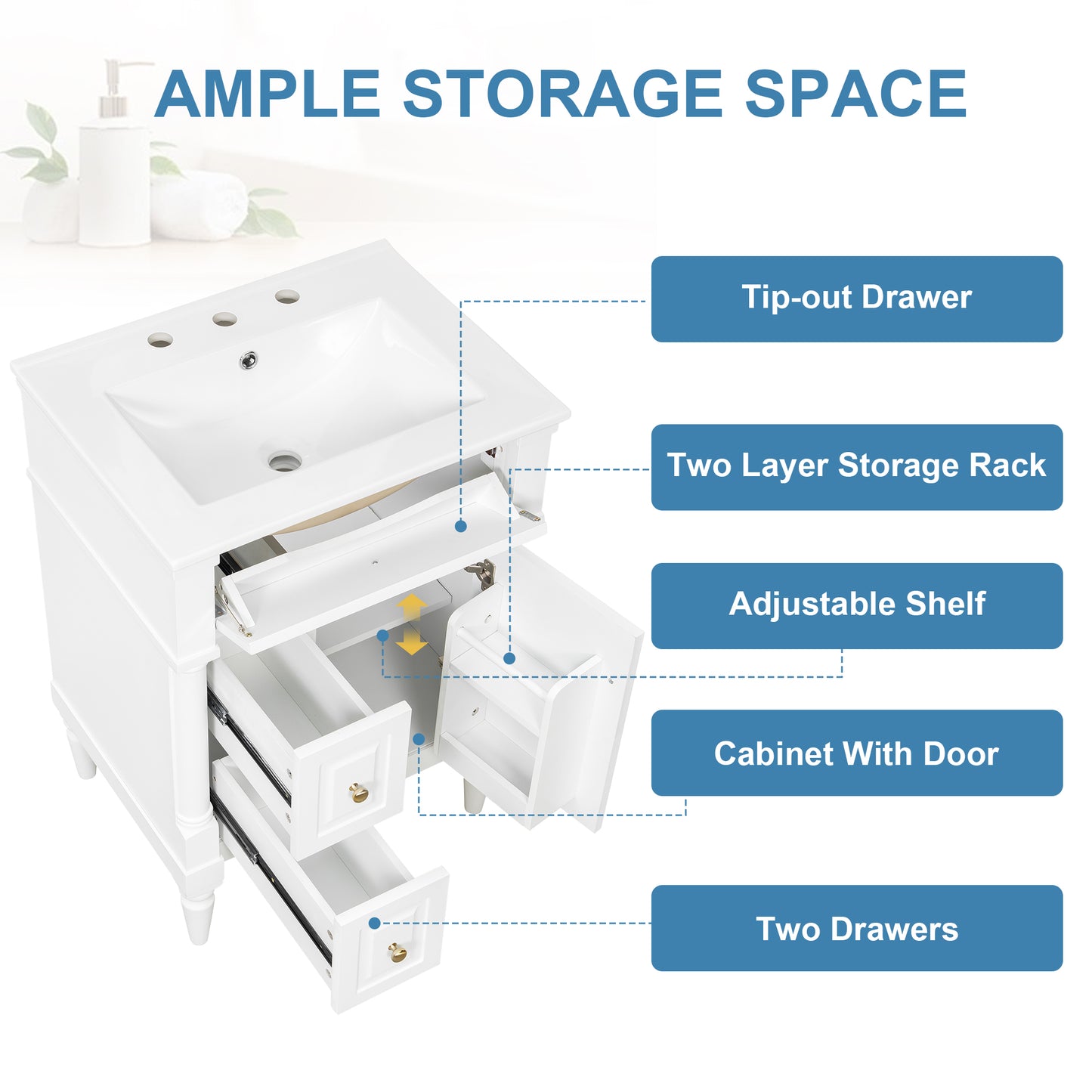 VanityFus 24-in Bathroom Vanity White Single Sink Combo with Ceramic Top 1 Door 3 Drawers Adjustable Shelves