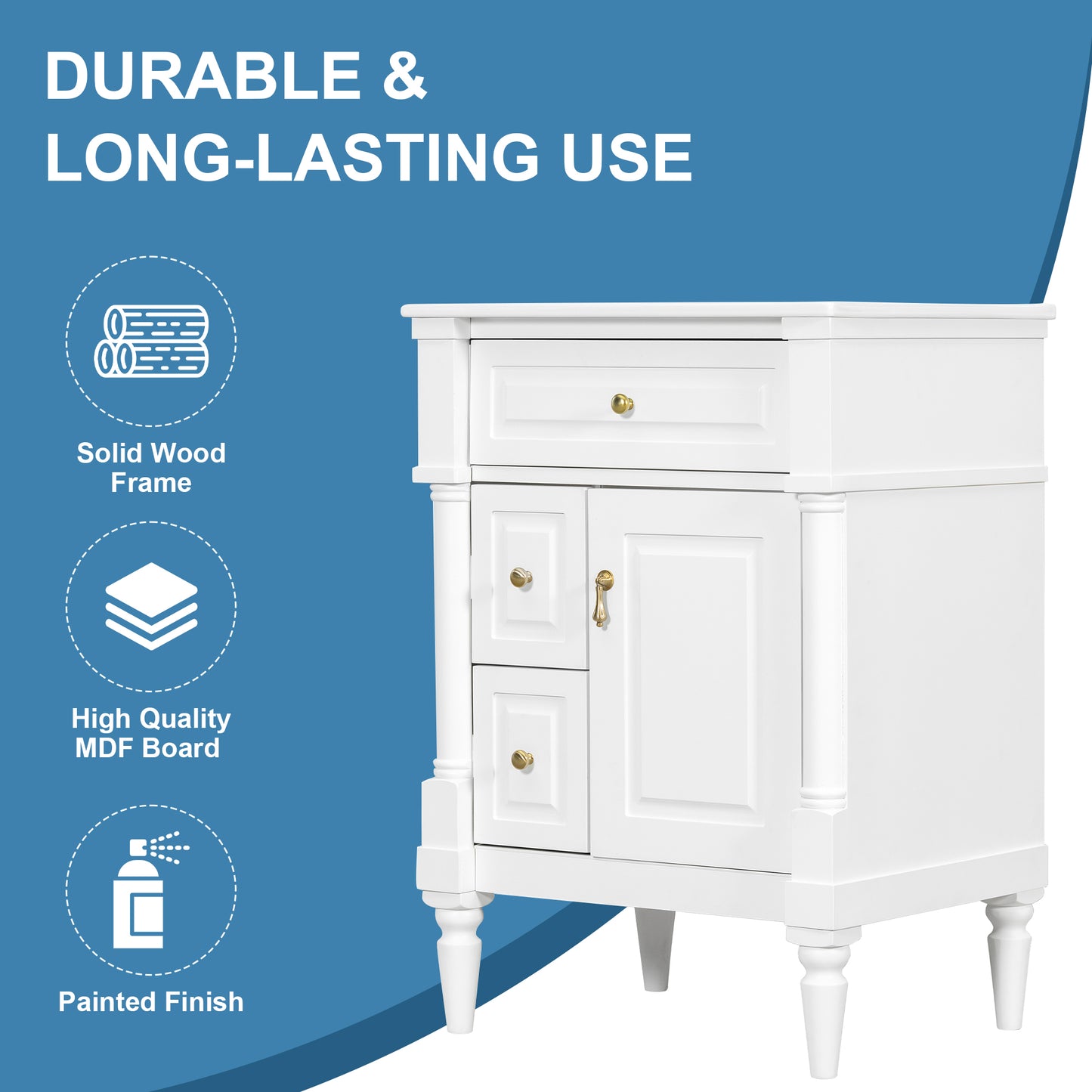 VanityFus 24-in Bathroom Vanity White Single Sink Combo with Ceramic Top 1 Door 3 Drawers Adjustable Shelves