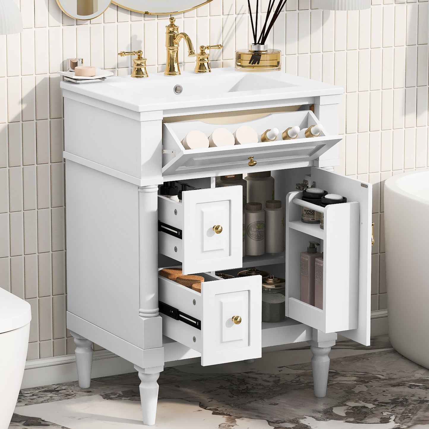 VanityFus 24-in Bathroom Vanity White Single Sink Combo with Ceramic Top 1 Door 3 Drawers Adjustable Shelves
