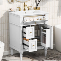 VanityFus 24-in Bathroom Vanity White Single Sink Combo with Ceramic Top 1 Door 3 Drawers Adjustable Shelves