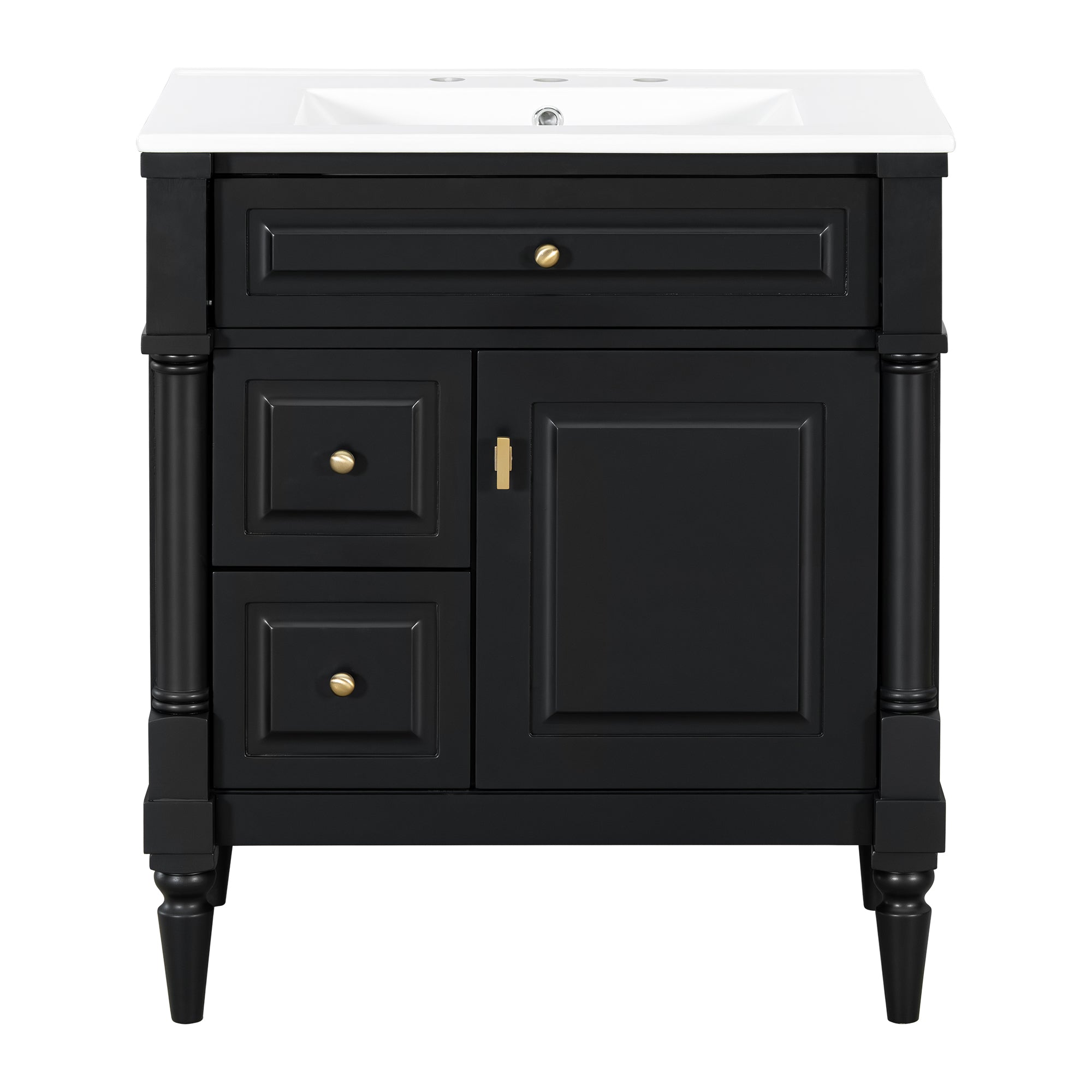 VanityFus 30-in Bathroom Vanity Black Single Sink Combo with Ceramic Top 1 Door 3 Drawers Adjustable Shelves