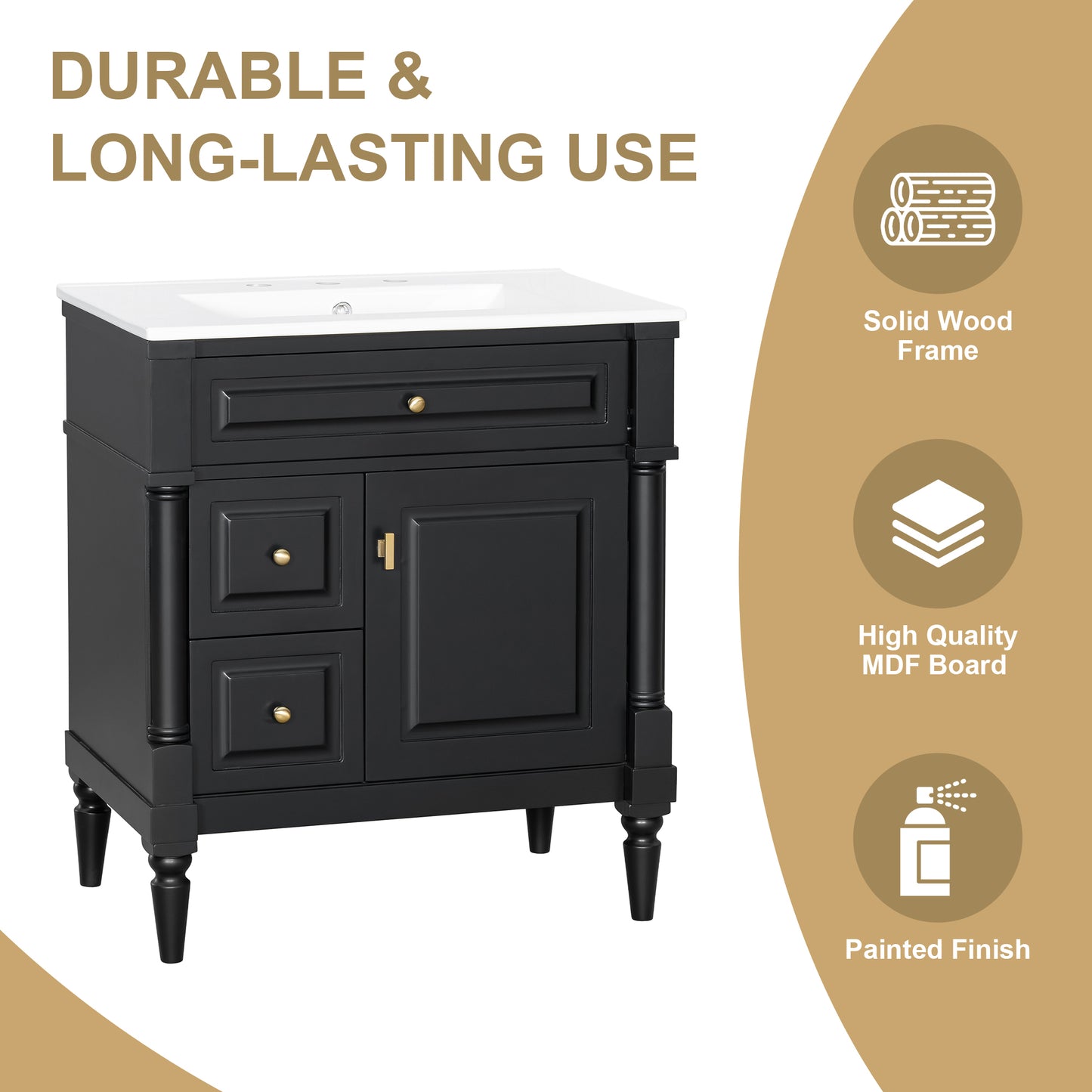 VanityFus 30-in Bathroom Vanity Black Single Sink Combo with Ceramic Top 1 Door 3 Drawers Adjustable Shelves