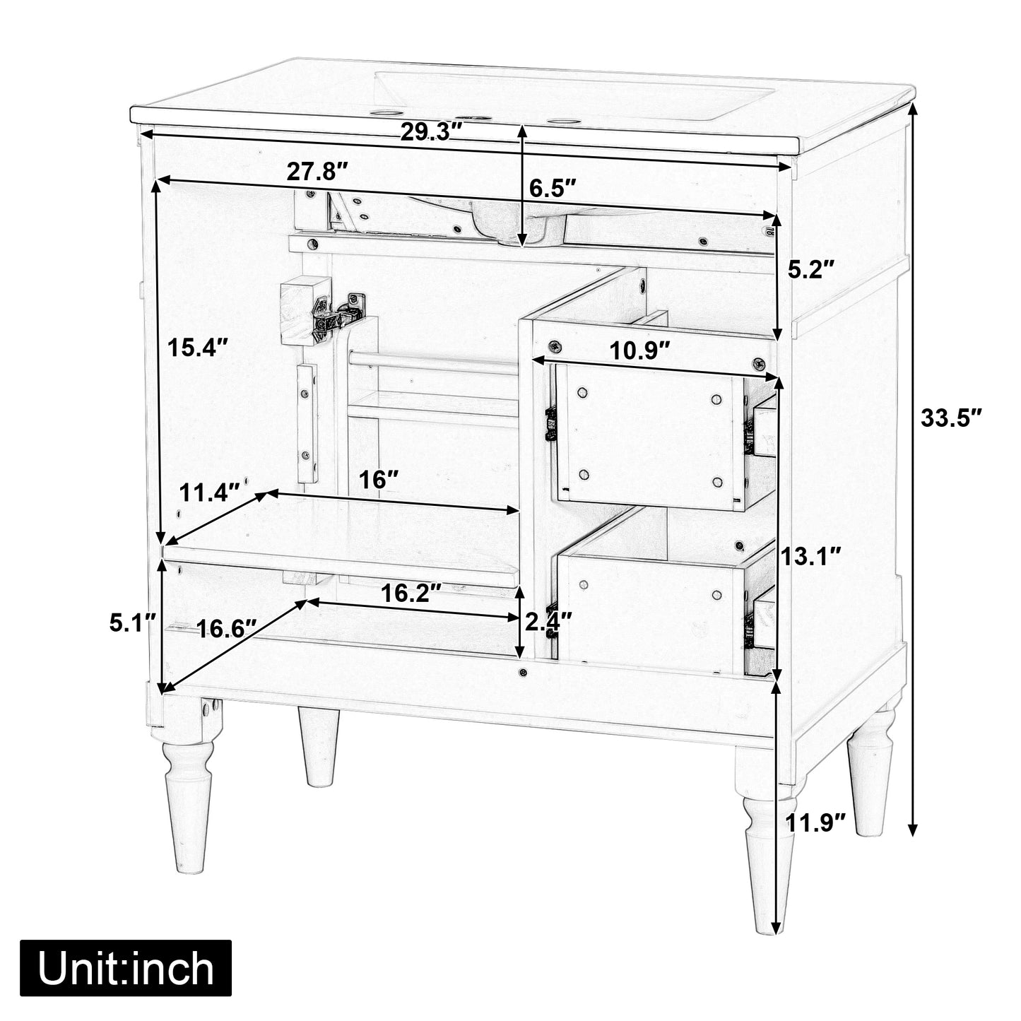 VanityFus 30-in Bathroom Vanity Black Single Sink Combo with Ceramic Top 1 Door 3 Drawers Adjustable Shelves