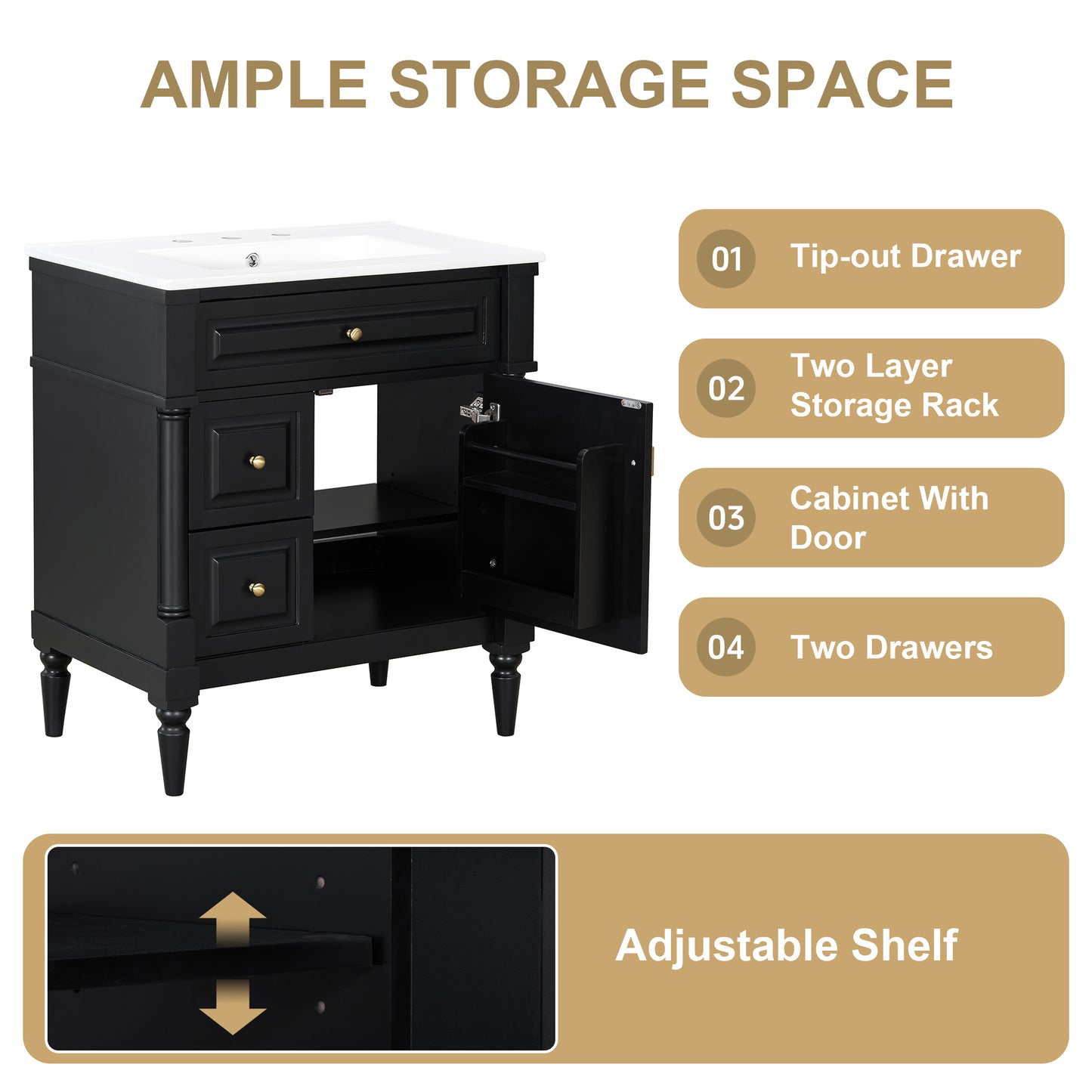 VanityFus 30-in Bathroom Vanity Black Single Sink Combo with Ceramic Top 1 Door 3 Drawers Adjustable Shelves