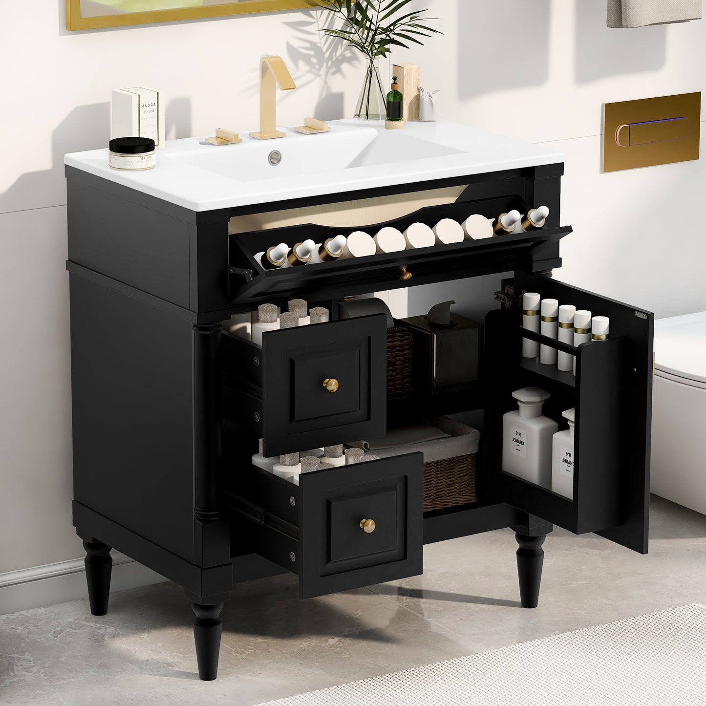 VanityFus 30-in Bathroom Vanity Black Single Sink Combo with Ceramic Top 1 Door 3 Drawers Adjustable Shelves