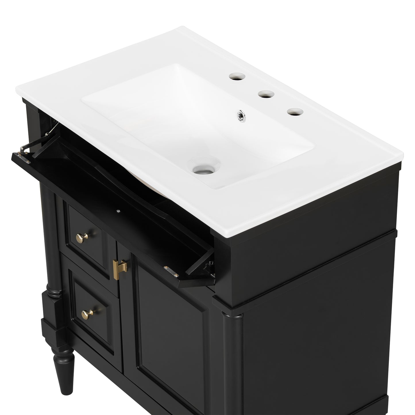 VanityFus 30-in Bathroom Vanity Black Single Sink Combo with Ceramic Top 1 Door 3 Drawers Adjustable Shelves