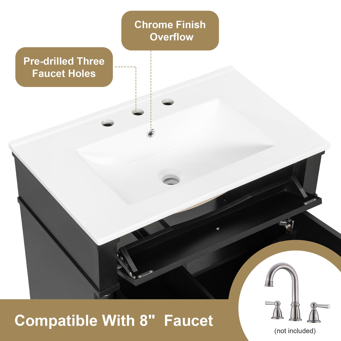VanityFus 30-in Bathroom Vanity Black Single Sink Combo with Ceramic Top 1 Door 3 Drawers Adjustable Shelves