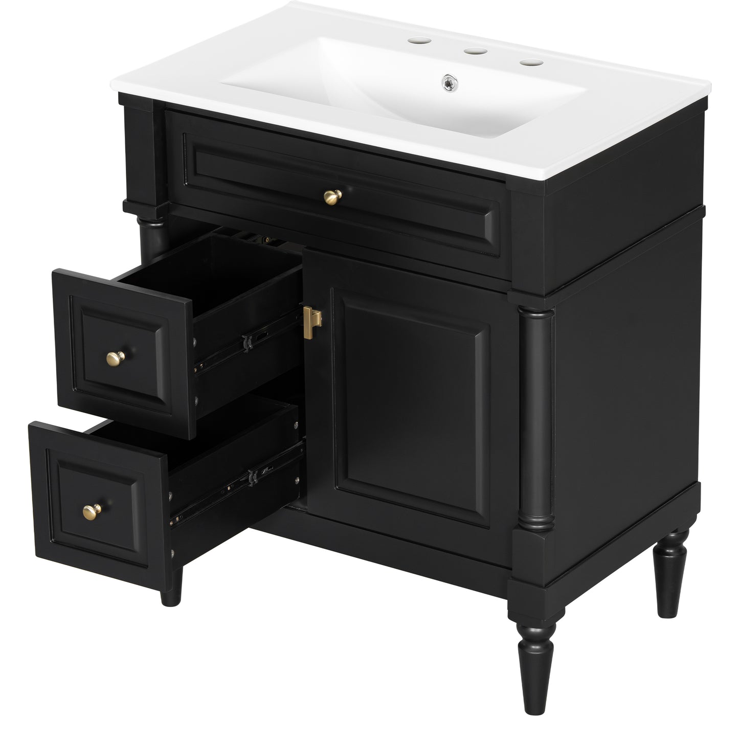 VanityFus 30-in Bathroom Vanity Black Single Sink Combo with Ceramic Top 1 Door 3 Drawers Adjustable Shelves