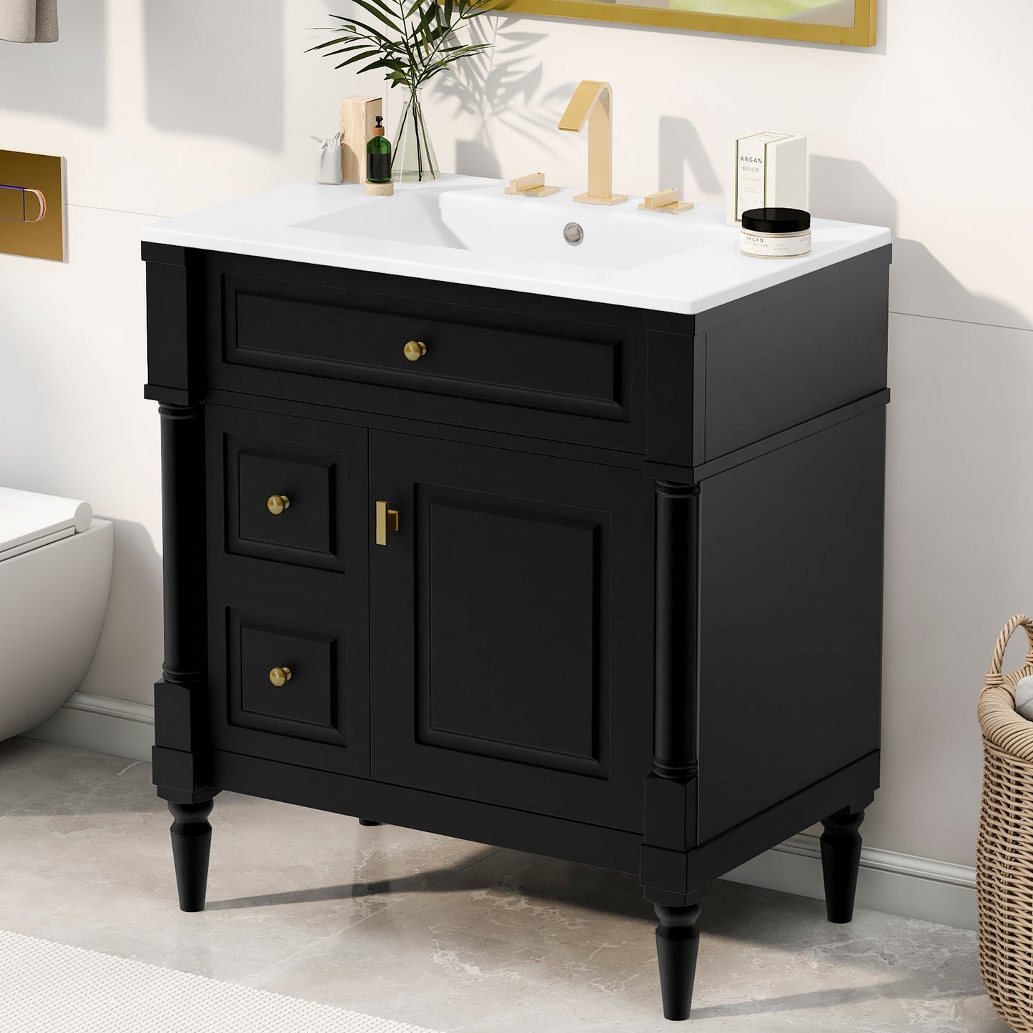 VanityFus 30-in Bathroom Vanity Black Single Sink Combo with Ceramic Top 1 Door 3 Drawers Adjustable Shelves